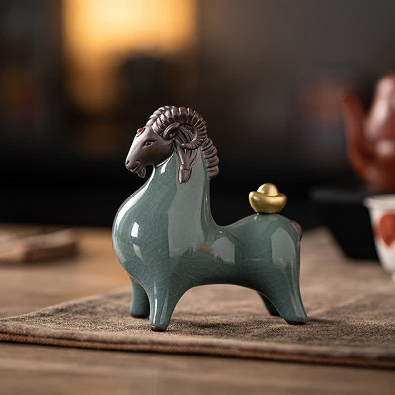 Buddha Stones Cabra de cerámica con esmalte craquelado, símbolo de prosperidad. Decoración con animales adorables. - image 1