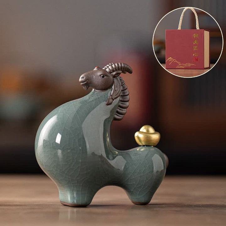 Buddha Stones Cabra de cerámica con esmalte craquelado, símbolo de prosperidad. Decoración con animales adorables. - Cabeza azul - image 3