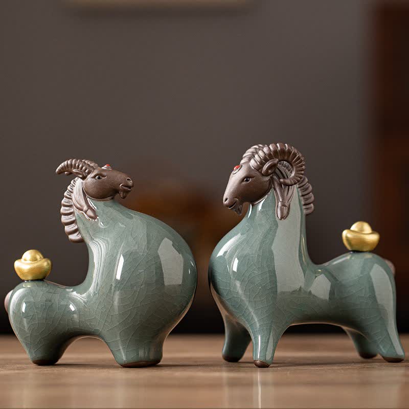 Buddha Stones Cabra de cerámica con esmalte craquelado, símbolo de prosperidad. Decoración con animales adorables. - image 5