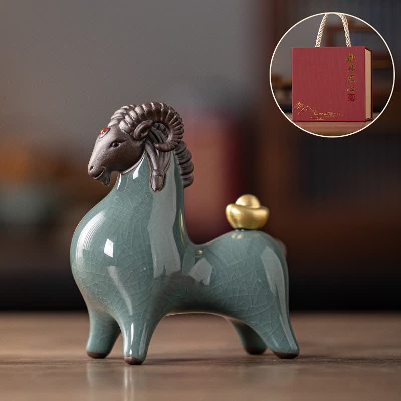 Buddha Stones Cabra de cerámica con esmalte craquelado, símbolo de prosperidad. Decoración con animales adorables. - Cabeza azul hacia abajo - image 0