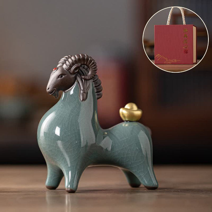 Buddha Stones Cabra de cerámica con esmalte craquelado, símbolo de prosperidad. Decoración con animales adorables. - Cabeza azul hacia abajo - image 0