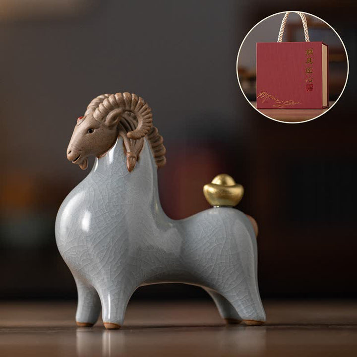 Buddha Stones Cabra de cerámica con esmalte craquelado, símbolo de prosperidad. Decoración con animales adorables. - Cabeza blanca hacia abajo - image 6