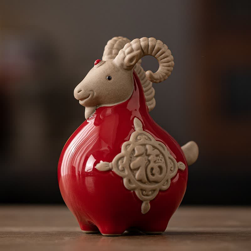 Buddha Stones Figura de cabra de cerámica con el personaje Fu, linda decoración de animales - Rojo - image 0