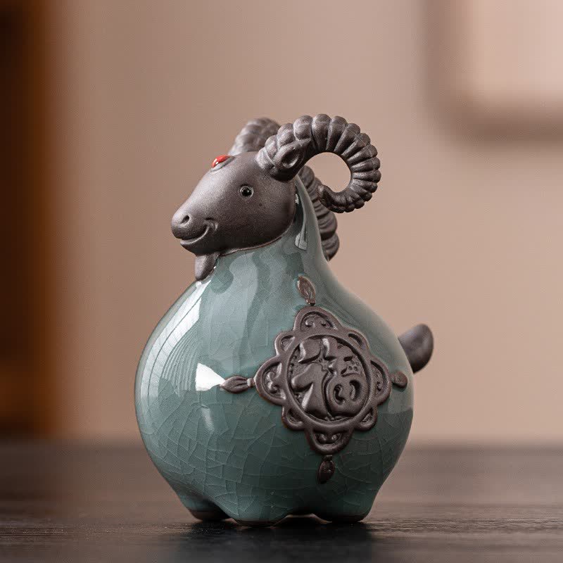 Buddha Stones Figura de cerámica de cabra con cuernos rizados de buen augurio, linda decoración de animales - Personaje Fu - image 0
