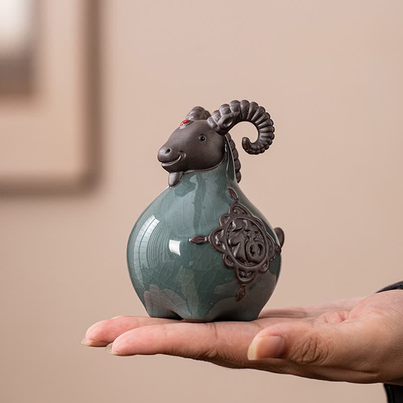 Buddha Stones Figura de cerámica de cabra con cuernos rizados de buen augurio, linda decoración de animales - image 1