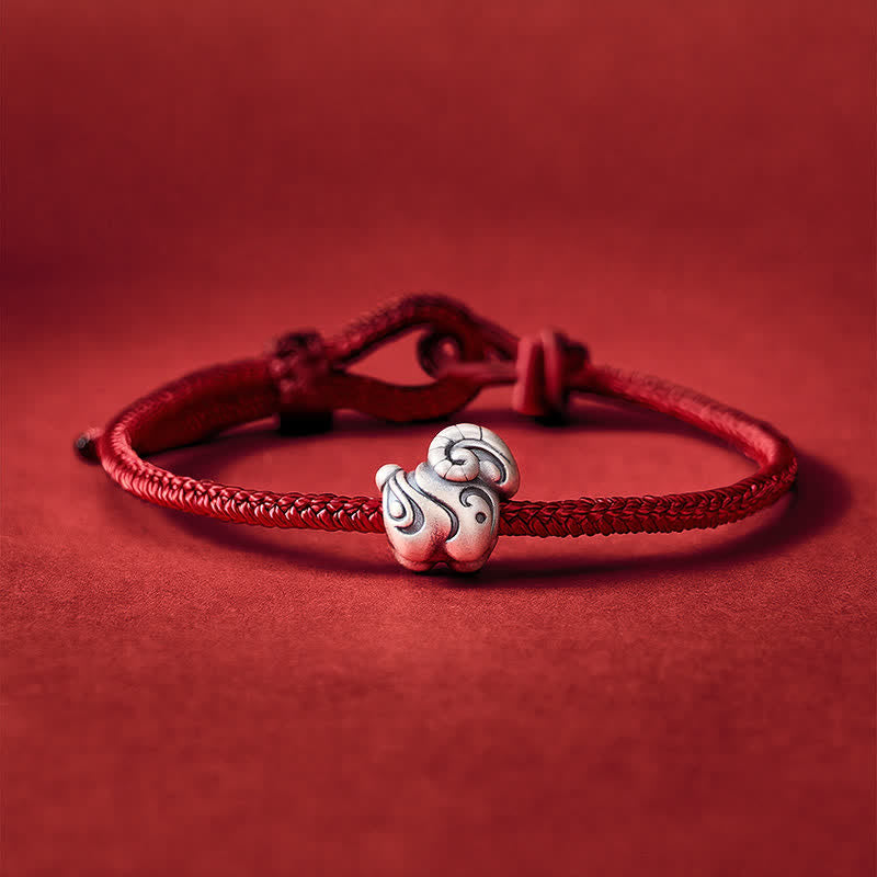 Buddha Stones Pulsera de protección del año de la cabra, de plata de ley 999, tejida a mano con hilo rojo, del zodíaco chino de la oveja. - Rojo oscuro (circunferencia de la muñeca: 15-17 cm) - image 0