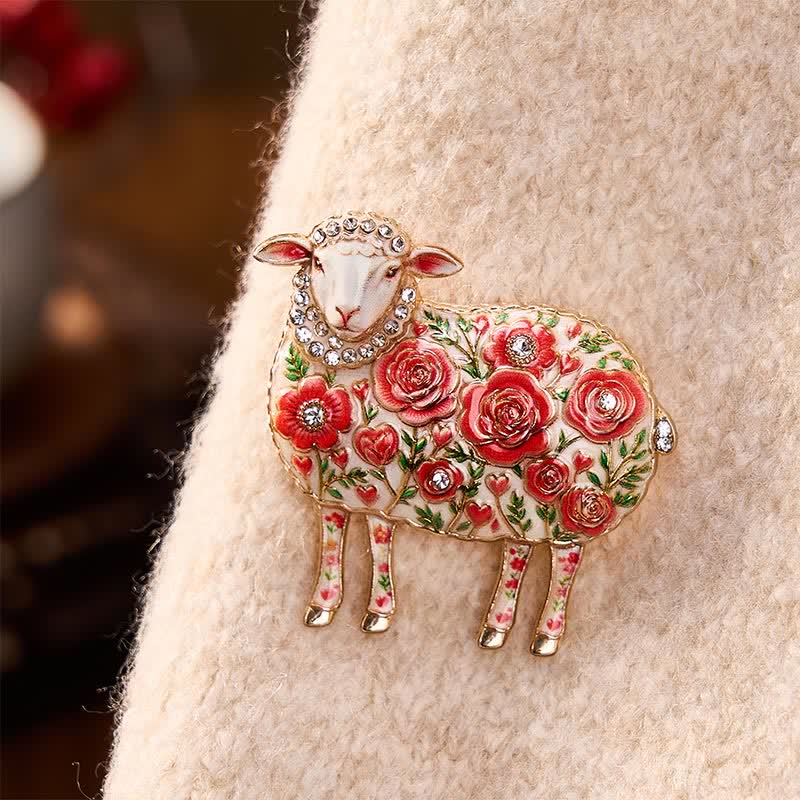 Buddha Stones Broche energético con relieve de carnero de cobre del Año de la Cabra y diseño floral. - Rojo Aprox. 4,5*4,5 cm - image 1