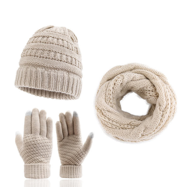 Buddha Stones Gorro, bufanda y guantes de punto trenzado para mujer, ideal para otoño e invierno. - Beige - image 0