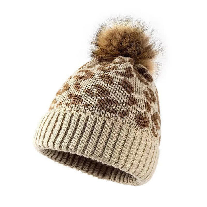 Buddha Stones Gorro de punto acanalado con pompón y estampado de leopardo para mujer, ideal para otoño/invierno. - Beige - image 0