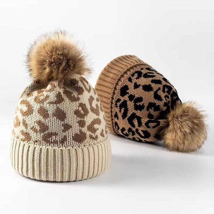 Buddha Stones Gorro de punto acanalado con pompón y estampado de leopardo para mujer, ideal para otoño/invierno. - image 5