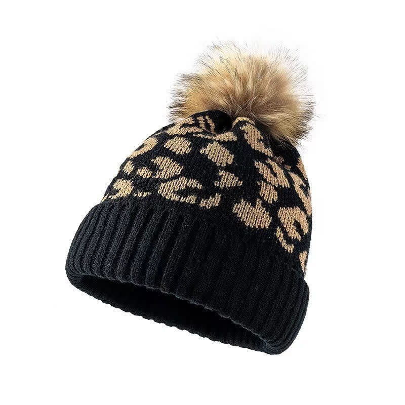 Buddha Stones Gorro de punto acanalado con pompón y estampado de leopardo para mujer, ideal para otoño/invierno. - Negro - image 2