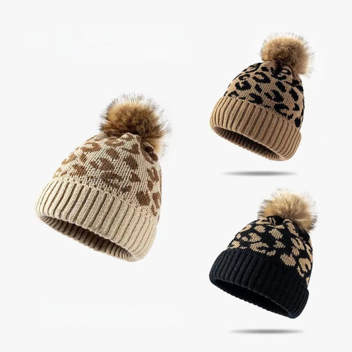 Buddha Stones Gorro de punto acanalado con pompón y estampado de leopardo para mujer, ideal para otoño/invierno. - image 6