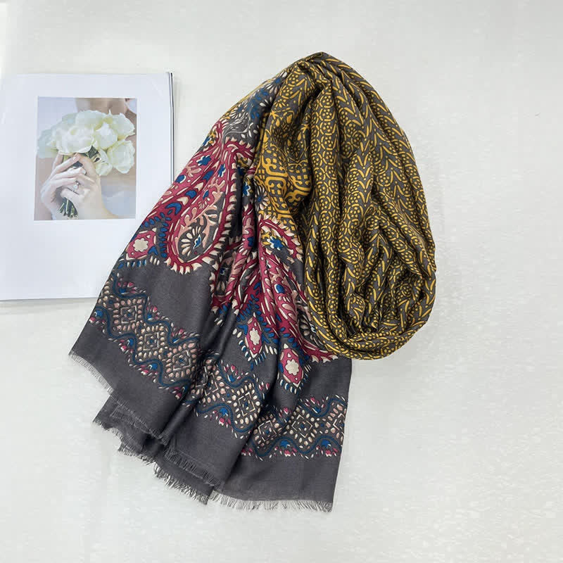 Buddha Stones Bufanda femenina con estampado floral étnico de hojas para primavera y otoño. - image 12