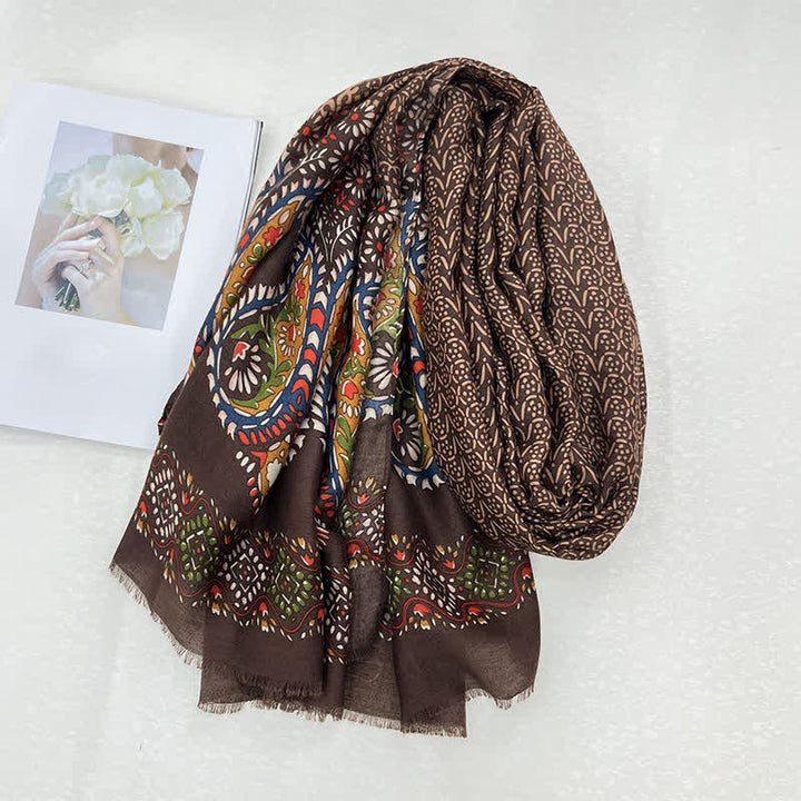 Buddha Stones Bufanda femenina con estampado floral étnico de hojas para primavera y otoño. - image 1