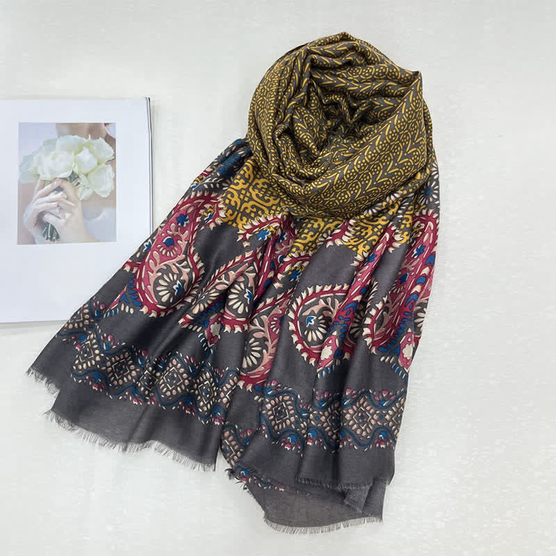 Buddha Stones Bufanda femenina con estampado floral étnico de hojas para primavera y otoño. - Gris - image 11