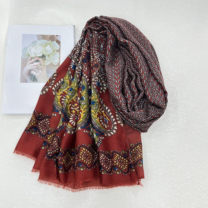 Buddha Stones Bufanda femenina con estampado floral étnico de hojas para primavera y otoño. - image 10