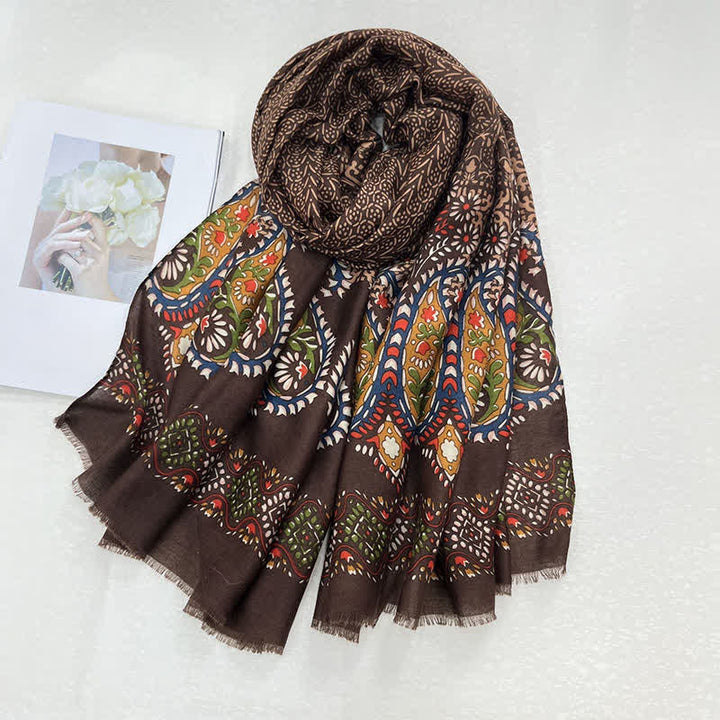 Buddha Stones Bufanda femenina con estampado floral étnico de hojas para primavera y otoño. - Marrón silla de montar - image 0