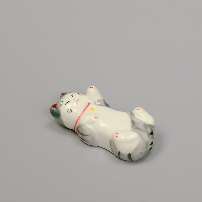 Buddha Stones Soporte para palillos de cerámica brillante con forma de gato de la suerte reclinado - Gris (aprox. 6,5 cm × 3 cm × 2 cm) - image 1