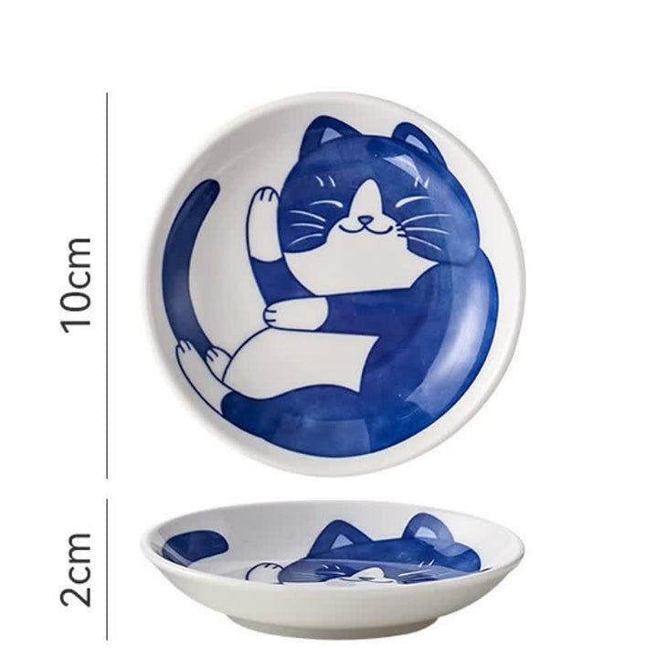 Buddha Stones Plato hondo redondo de cerámica con forma de gato, estilo japonés. - Azul blanco - image 3