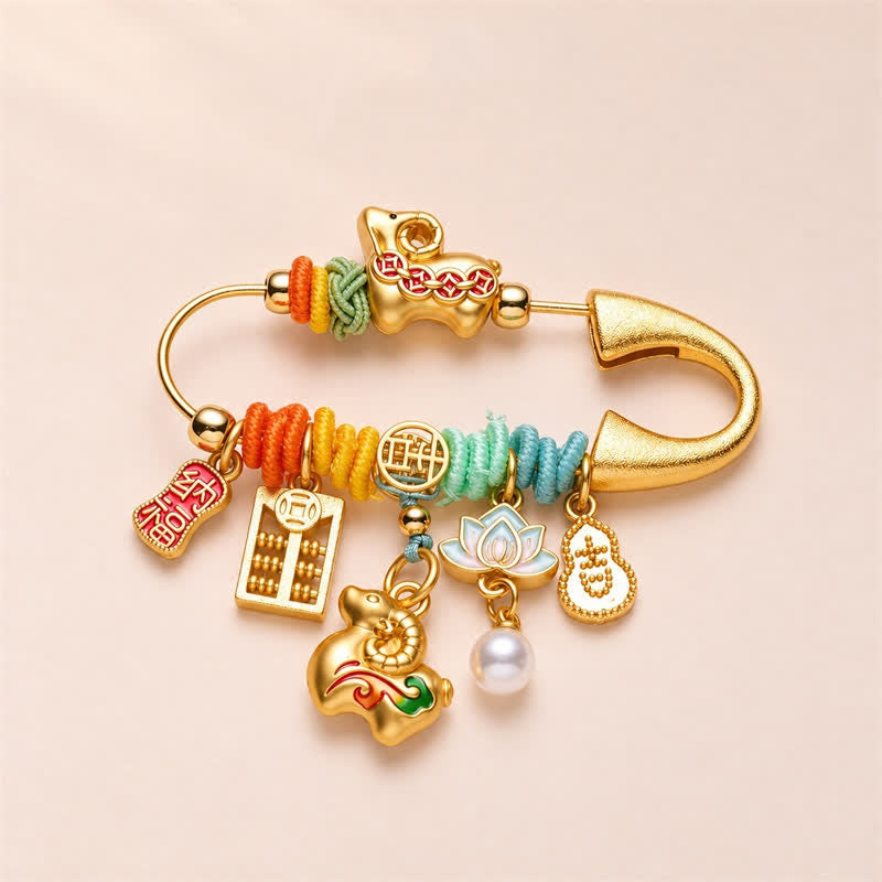 Buddha Stones Broche de la suerte con el personaje Ram Fu del Año de la Cabra en cobre - Monedas que atraen la riqueza - image 1