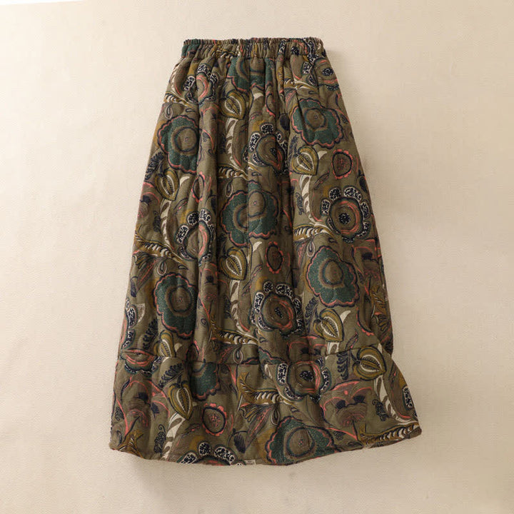 Buddha Stones Falda de mujer elegante de estilo retro con estampado floral y bolsillos, ideal para otoño/invierno. - Verde oliva oscuro - US6，UK/AU10，EU38 (XL) - image 0
