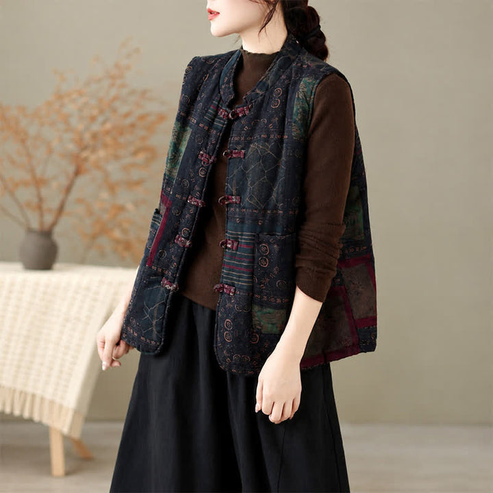 Buddha Stones Chaleco de mujer con cuello mandarín y diseño patchwork, estilo vintage Tang, ideal para otoño/invierno. - image 18