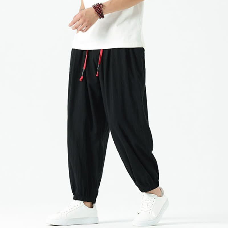 Buddha Stones Pantalones tobilleros de algodón liso con cordón ajustable, estilo casual de otoño/invierno, corte ajustado y bolsillos. - Negro - US/UK/AU46, EU56 (5XL) - image 6