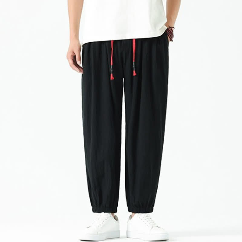 Buddha Stones Pantalones tobilleros de algodón liso con cordón ajustable, estilo casual de otoño/invierno, corte ajustado y bolsillos. - image 8