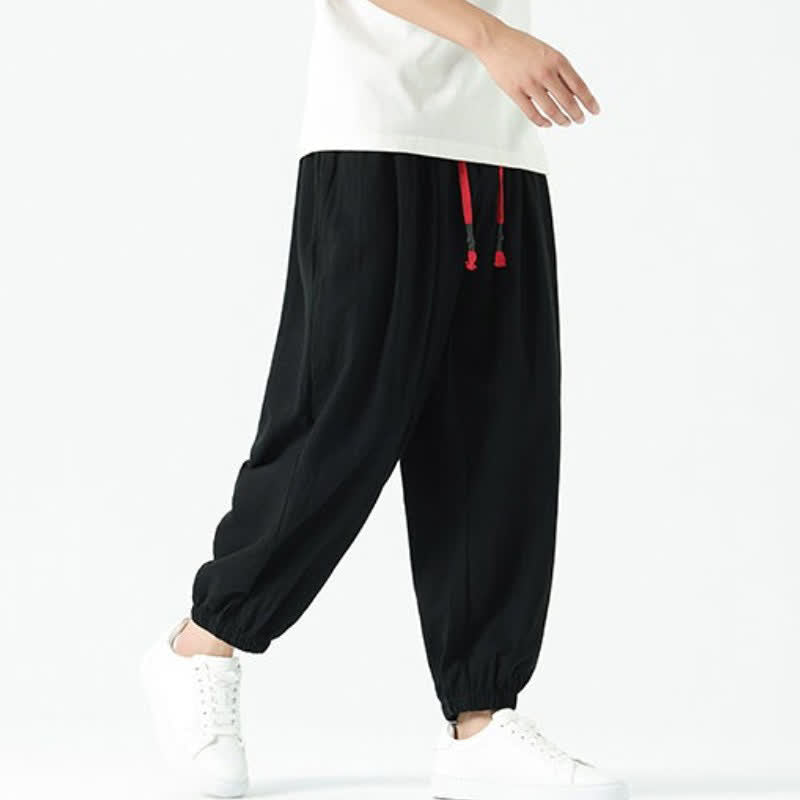 Buddha Stones Pantalones tobilleros de algodón liso con cordón ajustable, estilo casual de otoño/invierno, corte ajustado y bolsillos. - image 7