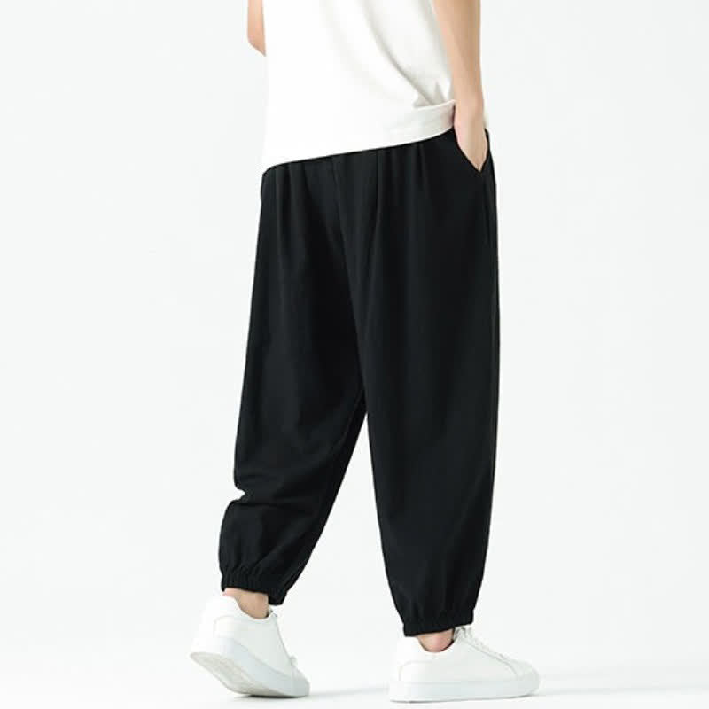Buddha Stones Pantalones tobilleros de algodón liso con cordón ajustable, estilo casual de otoño/invierno, corte ajustado y bolsillos. - image 9