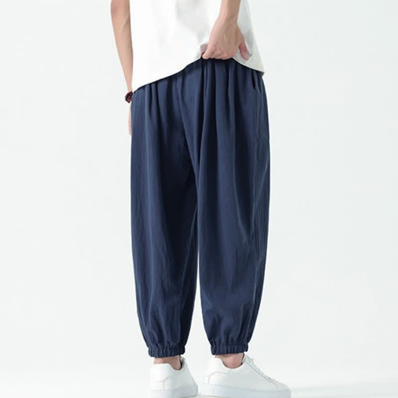 Buddha Stones Pantalones tobilleros de algodón liso con cordón ajustable, estilo casual de otoño/invierno, corte ajustado y bolsillos. - image 3