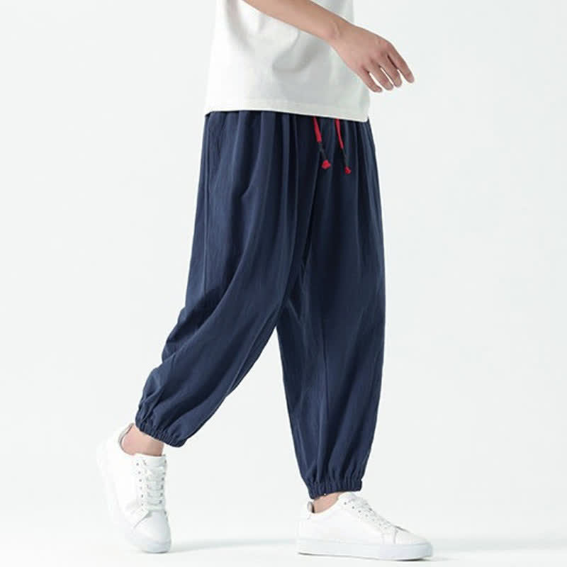 Buddha Stones Pantalones tobilleros de algodón liso con cordón ajustable, estilo casual de otoño/invierno, corte ajustado y bolsillos. - image 1