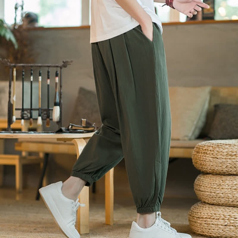 Buddha Stones Pantalones tobilleros de algodón liso con cordón ajustable, estilo casual de otoño/invierno, corte ajustado y bolsillos. - image 15