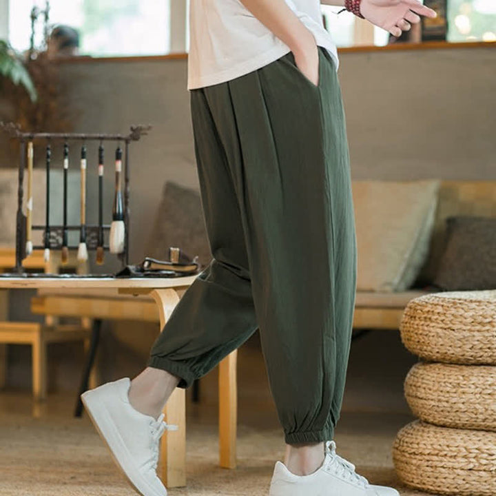 Buddha Stones Pantalones tobilleros de algodón liso con cordón ajustable, estilo casual de otoño/invierno, corte ajustado y bolsillos. - image 15