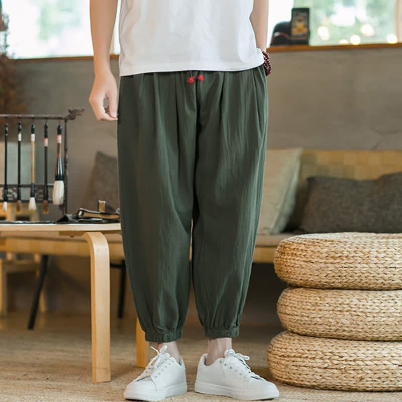 Buddha Stones Pantalones tobilleros de algodón liso con cordón ajustable, estilo casual de otoño/invierno, corte ajustado y bolsillos. - image 13