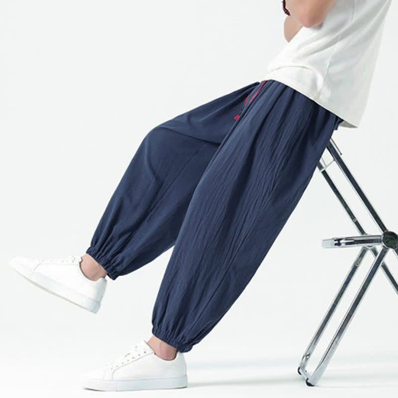 Buddha Stones Pantalones tobilleros de algodón liso con cordón ajustable, estilo casual de otoño/invierno, corte ajustado y bolsillos. - image 4