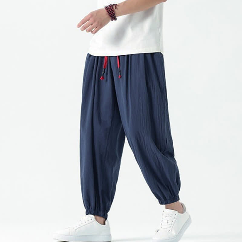 Buddha Stones Pantalones tobilleros de algodón liso con cordón ajustable, estilo casual de otoño/invierno, corte ajustado y bolsillos. - Azul acero - US/UK/AU46, EU56 (5XL) - image 0