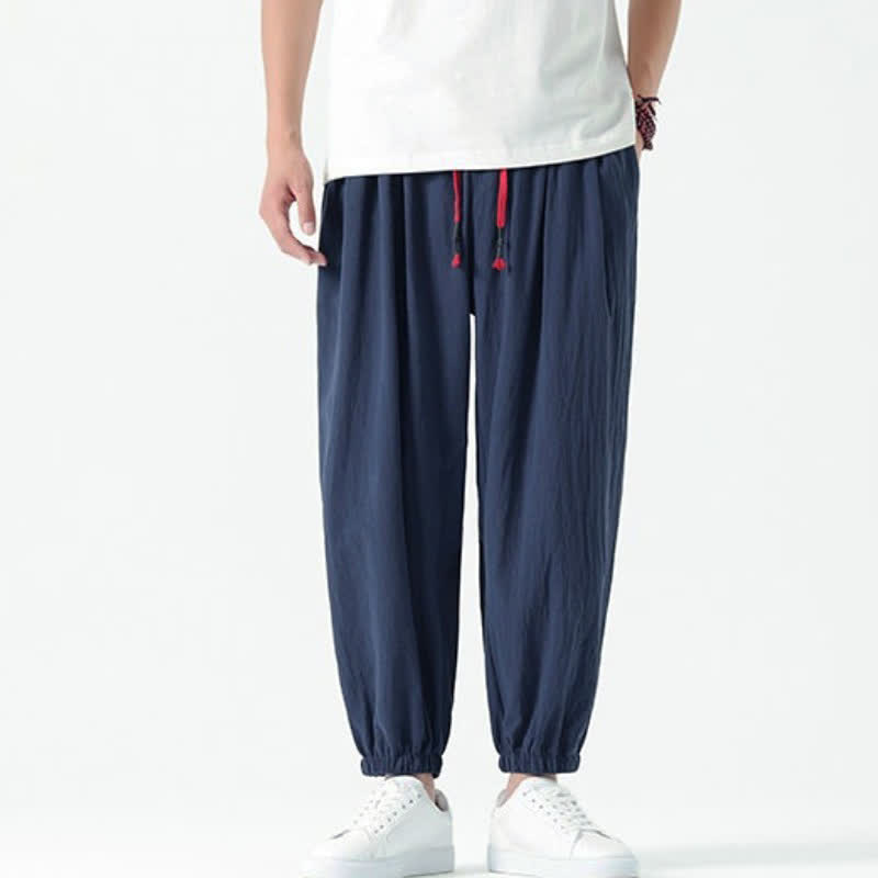 Buddha Stones Pantalones tobilleros de algodón liso con cordón ajustable, estilo casual de otoño/invierno, corte ajustado y bolsillos. - image 2