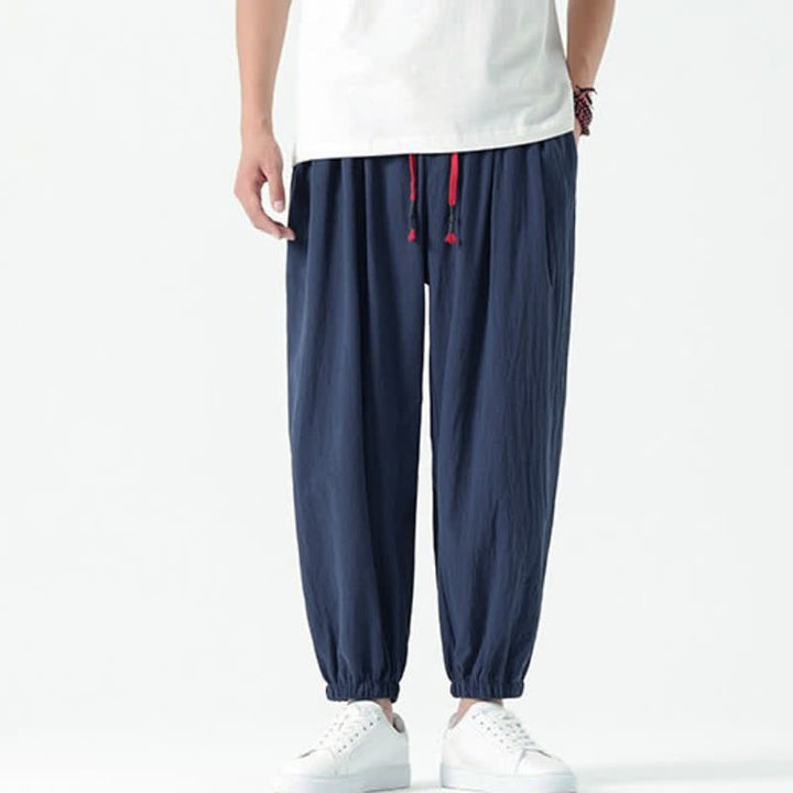 Buddha Stones Pantalones tobilleros de algodón liso con cordón ajustable, estilo casual de otoño/invierno, corte ajustado y bolsillos. - image 2