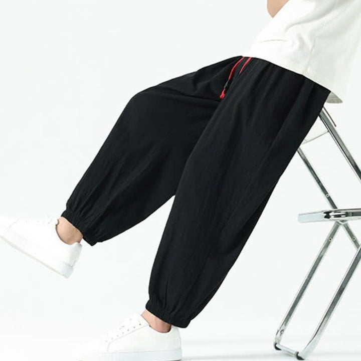 Buddha Stones Pantalones tobilleros de algodón liso con cordón ajustable, estilo casual de otoño/invierno, corte ajustado y bolsillos. - image 10