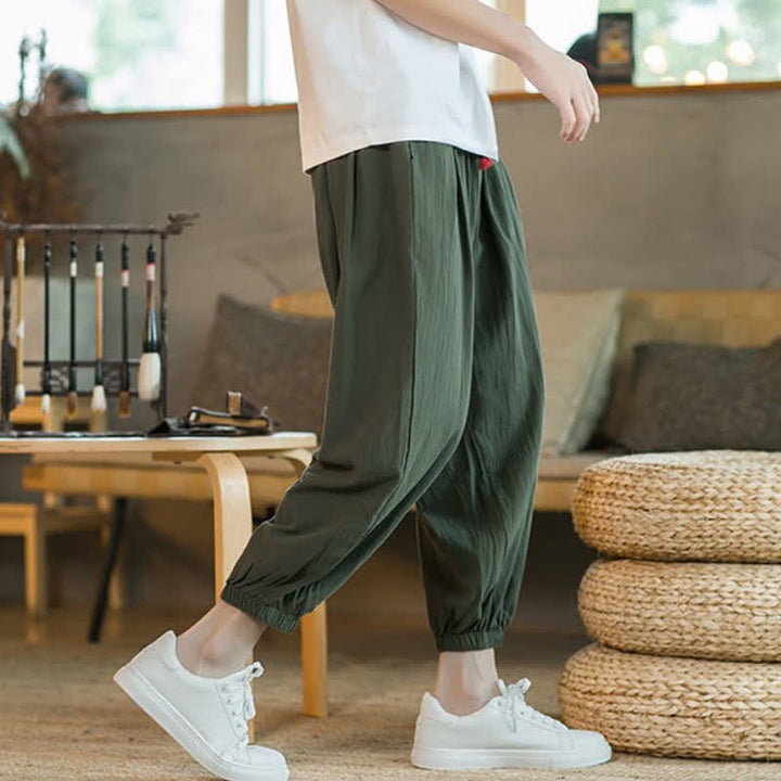 Buddha Stones Pantalones tobilleros de algodón liso con cordón ajustable, estilo casual de otoño/invierno, corte ajustado y bolsillos. - image 14
