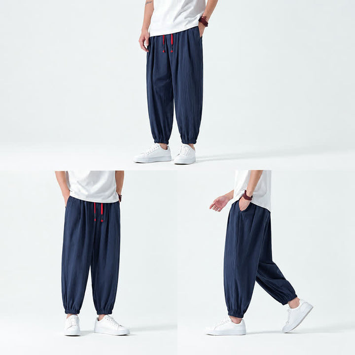 Buddha Stones Pantalones tobilleros de algodón liso con cordón ajustable, estilo casual de otoño/invierno, corte ajustado y bolsillos. - image 5