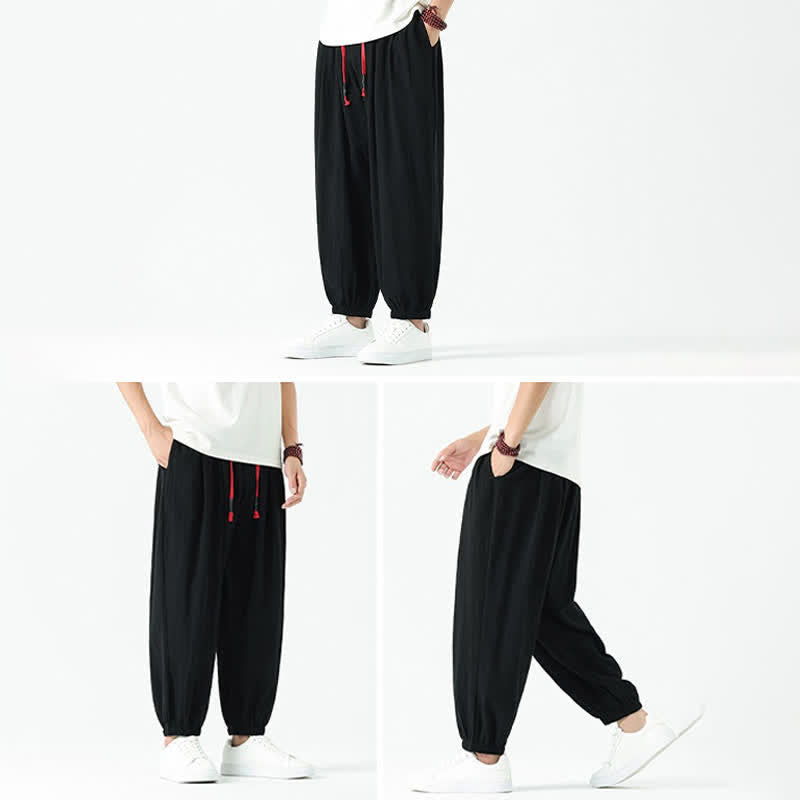 Buddha Stones Pantalones tobilleros de algodón liso con cordón ajustable, estilo casual de otoño/invierno, corte ajustado y bolsillos. - image 11