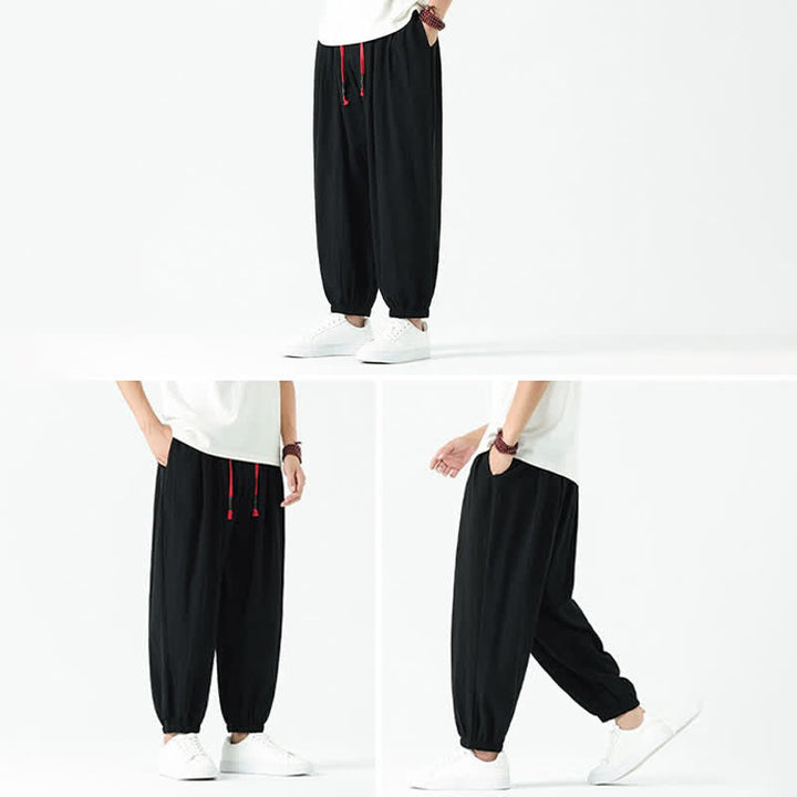 Buddha Stones Pantalones tobilleros de algodón liso con cordón ajustable, estilo casual de otoño/invierno, corte ajustado y bolsillos. - image 11