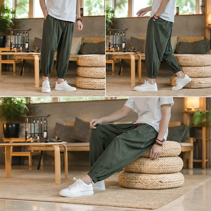 Buddha Stones Pantalones tobilleros de algodón liso con cordón ajustable, estilo casual de otoño/invierno, corte ajustado y bolsillos. - image 18