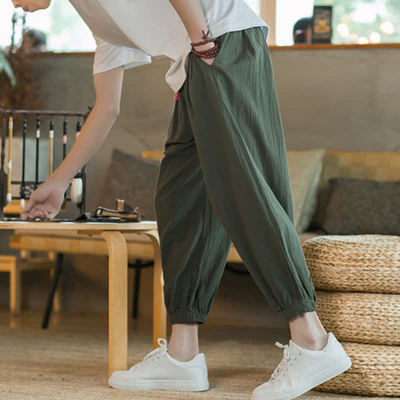 Buddha Stones Pantalones tobilleros de algodón liso con cordón ajustable, estilo casual de otoño/invierno, corte ajustado y bolsillos. - image 17