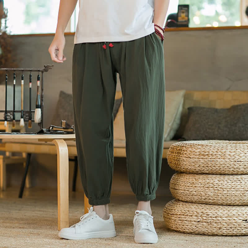 Buddha Stones Pantalones tobilleros de algodón liso con cordón ajustable, estilo casual de otoño/invierno, corte ajustado y bolsillos. - Verde oliva oscuro - US/UK/AU46, EU56 (5XL) - image 12