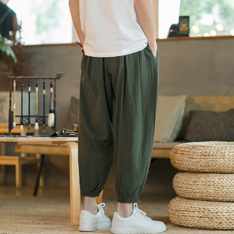 Buddha Stones Pantalones tobilleros de algodón liso con cordón ajustable, estilo casual de otoño/invierno, corte ajustado y bolsillos. - image 16