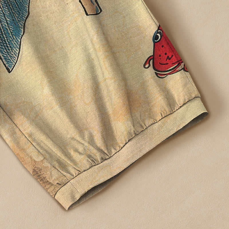 Buddha Stones Pantalones harem de algodón con estampado de olas de peces koi y cintura elástica plisada para mujer, con bolsillos. - image 5