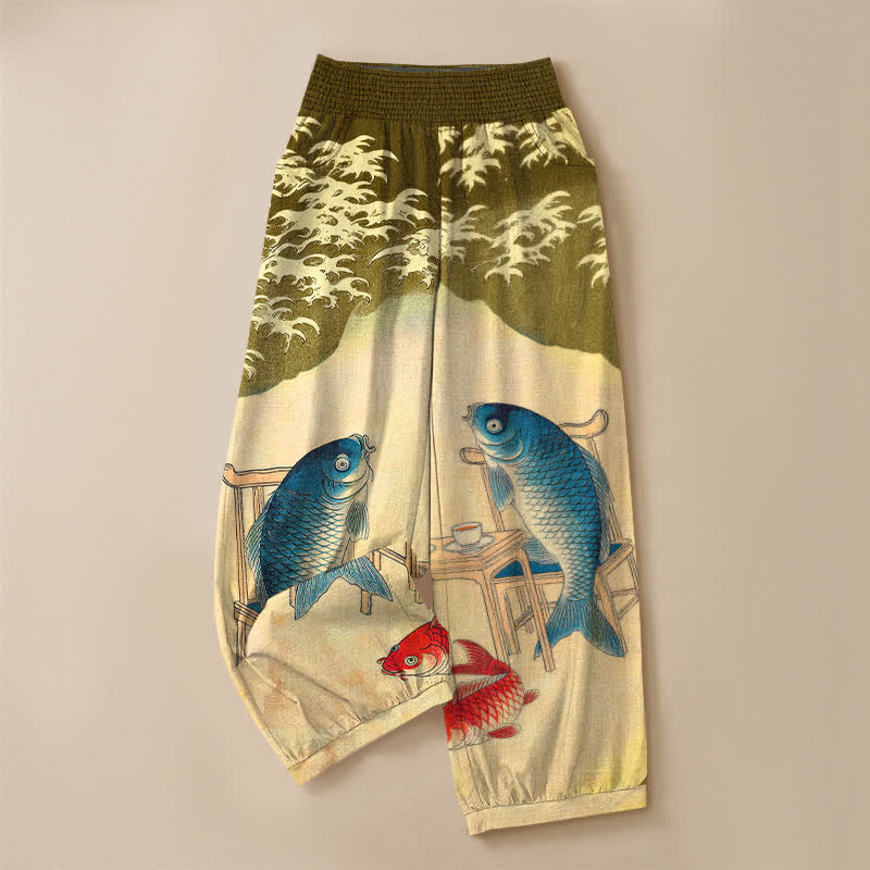 Buddha Stones Pantalones harem de algodón con estampado de olas de peces koi y cintura elástica plisada para mujer, con bolsillos. - image 9